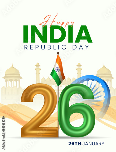 India Republic Day 26 January Design with Golden Number 26, Ashoka Chakra and National Colors