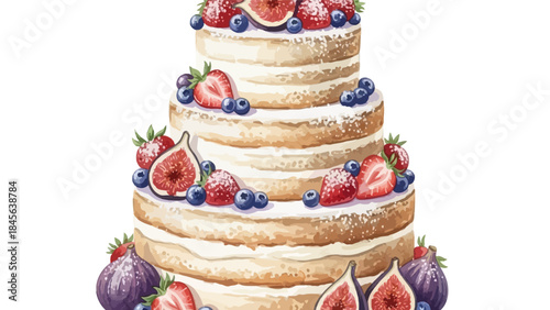 Elegant watercolor illustration of a three-tier naked cake decorated with figs and fresh berries.