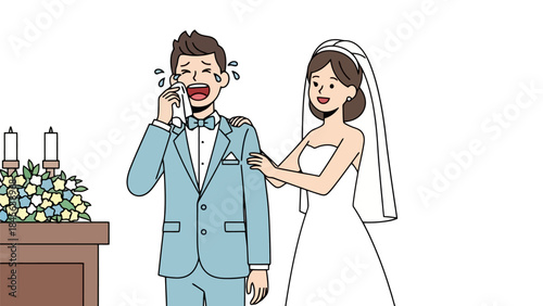 Happy groom crying tears of joy during the emotional wedding ceremony moment.