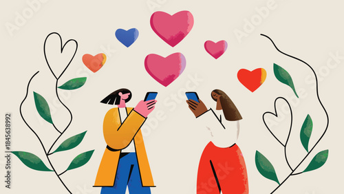 Two women taking photos with smartphones surrounded by floating hearts and decorative plants on a beige background