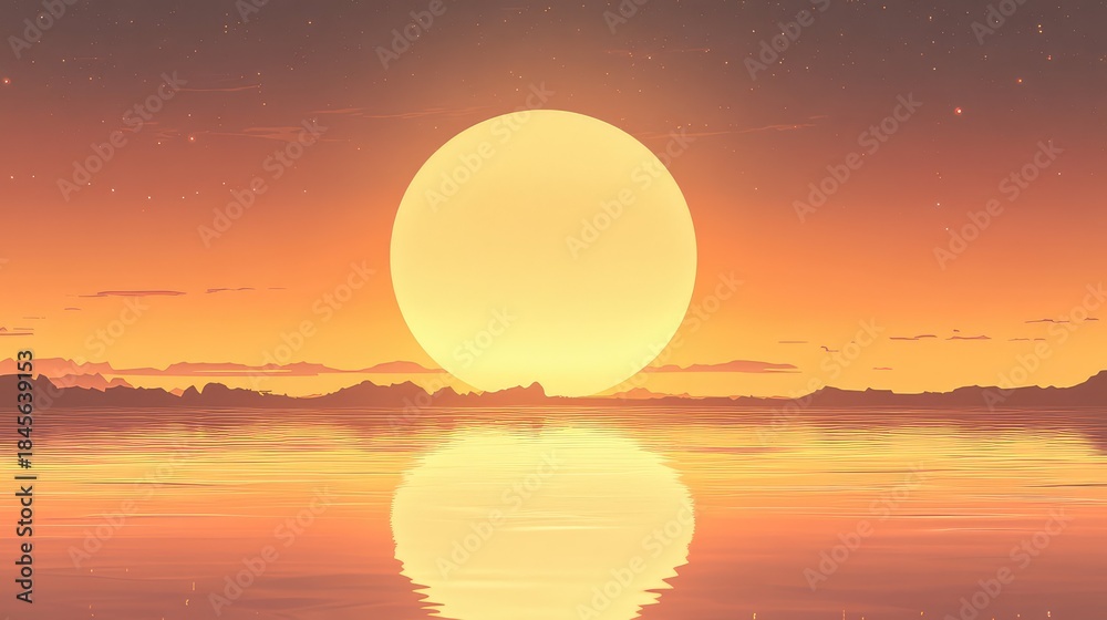 Obraz premium Large glowing spherical sun creating a warm vibrant reflection on the calm water surface with a distant mountain range and a starry orange sky, evoking a serene and otherworldly atmospheric scene