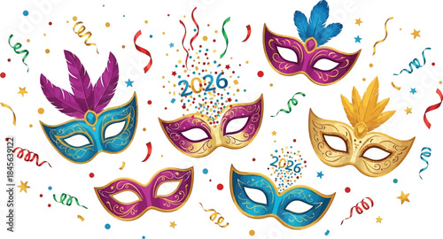 Vibrant collection of feathered masquerade masks with confetti and streamers celebrating the year 2026