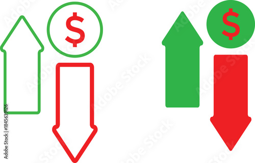 profit loss icon set. Financial statement symbols. Gain and revenue versus cost signs. Business growth and decline signs
