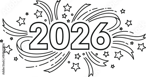 Black and white line art design celebrating the arrival of the new year 2026 with stars and ribbons