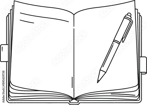 Simple line art illustration of an open notebook or journal ready for writing with a pen resting inside