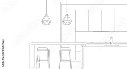 Minimalist black and white line art drawing of a modern kitchen island with bar stools and geometric pendant lights