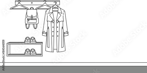 Minimalist line art drawing of entryway storage featuring a trench coat backpack and shoes on a shelf