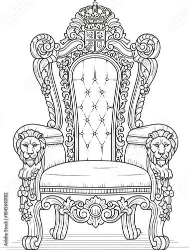 Ornate royal throne coloring page drawing featuring lion armrests and a detailed royal crest
