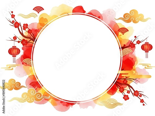 Asian-inspired circular frame with red lanterns, golden clouds, cherry blossoms and traditional ornaments on white background for festive design projects.