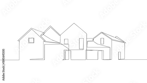 A minimalist line drawing depicting a cluster of interconnected houses with varying rooflines and simple window details.