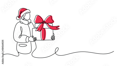 santa claus holding wrapped christmas gift with red ribbon, continuous one line drawing, minimal holiday illustration, festive winter vector design