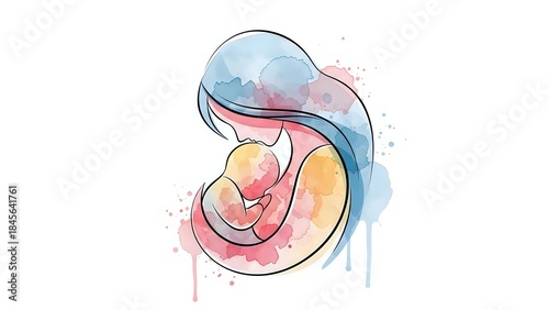 Mother holding newborn baby in tender embrace with soft watercolor splashes on white background for maternal health and parenting designs.