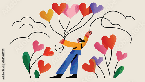 A woman in a yellow shirt and blue jeans holds colorful heart shaped balloons surrounded by heart shaped flowers on a beige background