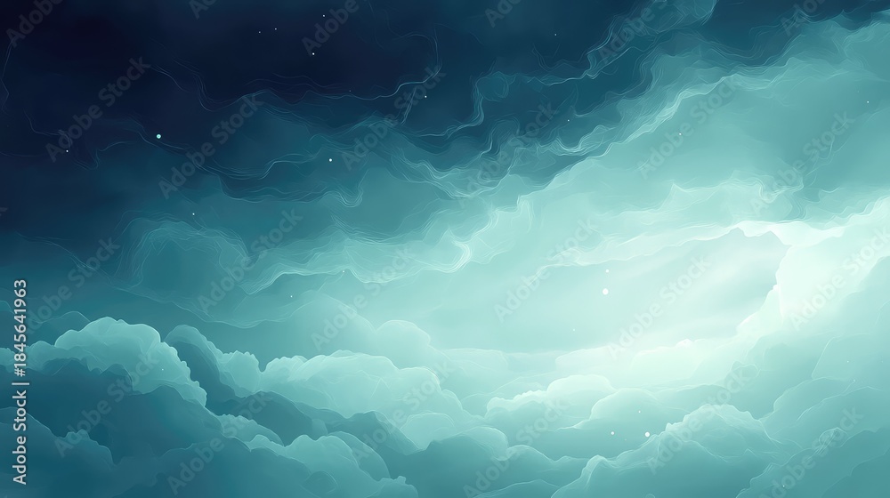 Obraz premium Abstract artwork depicting soft, flowing teal and blue cloud formations with glimmering light, creating a serene and expansive celestial atmosphere reminiscent of outer space
