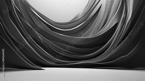 Abstract sleek grey and dark layers dynamically flowing, forming a sophisticated three dimensional background illustrating concepts of technology, data, and modern design with elegance