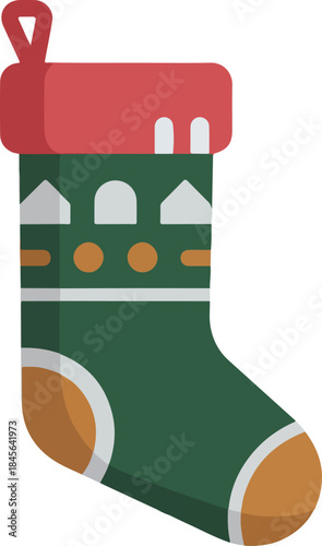 A charming and vibrant graphic Christmas stocking icon, meticulously crafted in a flat design, symbolizing holiday joy, festive traditions, and winter holiday celebrations