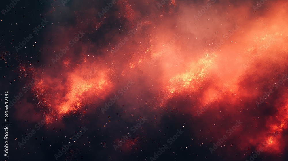 Obraz premium Abstract celestial body showing swirling fiery orange and red gas clouds with scattered glowing particles in deep space, representing vast cosmic energy