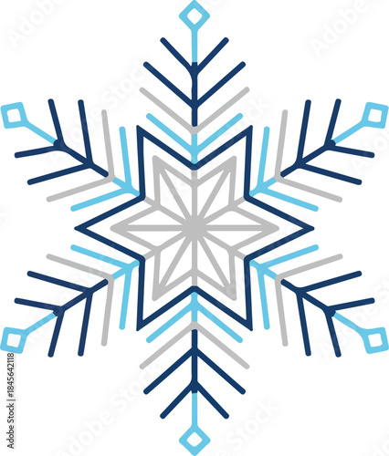 Stylish geometric snowflake graphic in blue and grey, a versatile icon for festive winter holiday designs and Christmas season projects, adding elegant charm