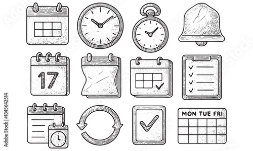 Time Planning Icon Set Hand Drawn Sketch Style Vector Collection