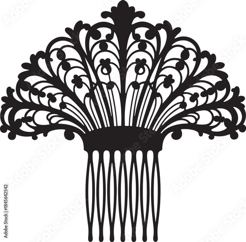 Elegant hair comb with ornate filigree design isolated on transparent background, showcasing intricate details and classic style for decorative hair accessory or historical illustration