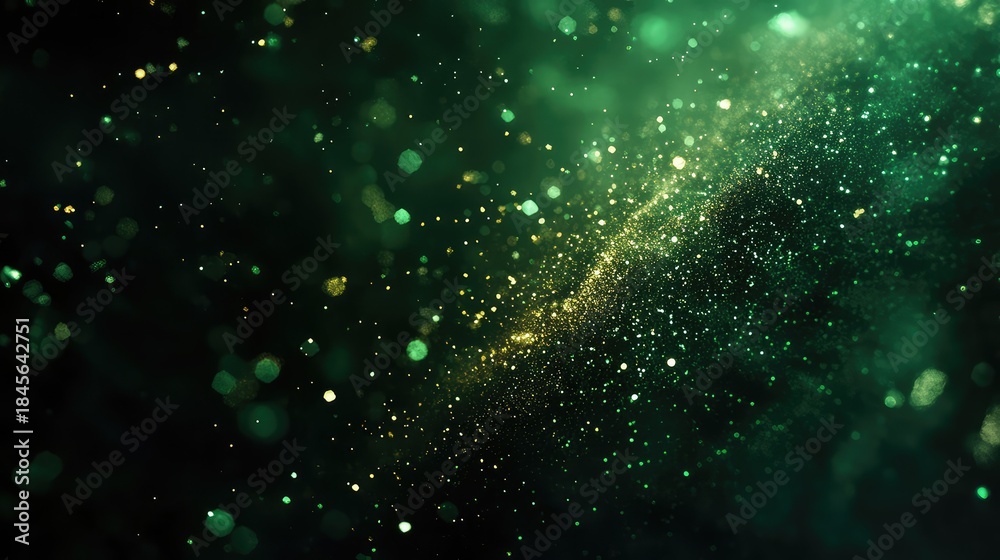 Obraz premium Glowing green and golden dust particles creating an abstract, dreamy, and energetic stream of light and sparkling bokeh effects on a dark background, ideal for festive banners and elegant designs
