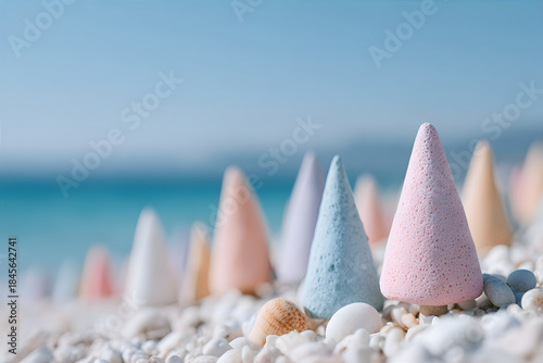 Colorful cone shapes standing on a white pebble beach with blue sea background. Abstract bew year and christmas vacation concept