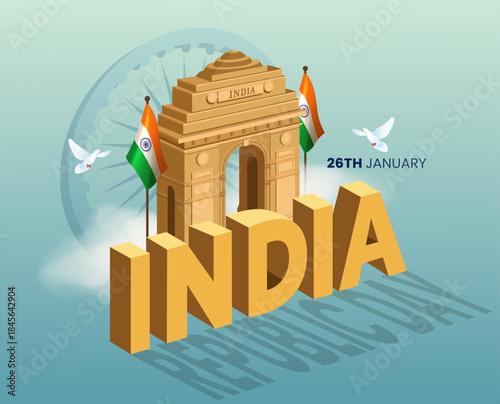 India Republic Day 3D Illustration with India Gate Monument and Bold Typography for 26th January Celebration