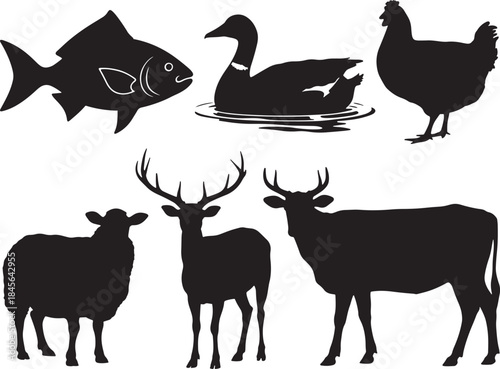 Collection of farm and wild animal silhouettes including a fish, duck, chicken, sheep, deer, and cow, representing various species on transparent background for educational or design projects