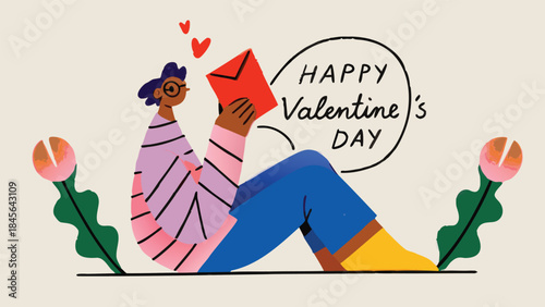 A man reads a valentine's day card while sitting with flowers on a beige background feeling happy and romantic