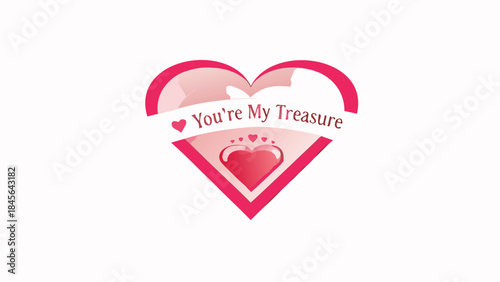 Heart shaped locket with you're my treasure text and pink hearts on white background