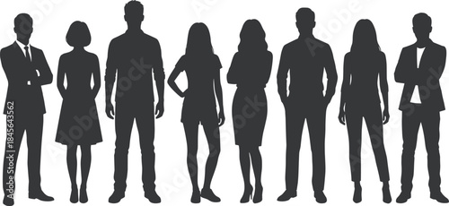 Diverse Business People Silhouettes: Group Portrait of Men and Women Professionals Standing Together in Corporate and Casual Attire Vector Illustration.
