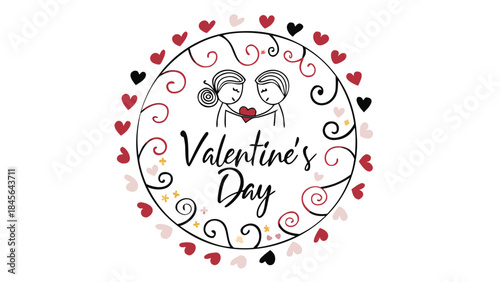 A cute illustration of a couple sharing a heart surrounded by red, pink and black hearts and swirls in a circle, valentine's day