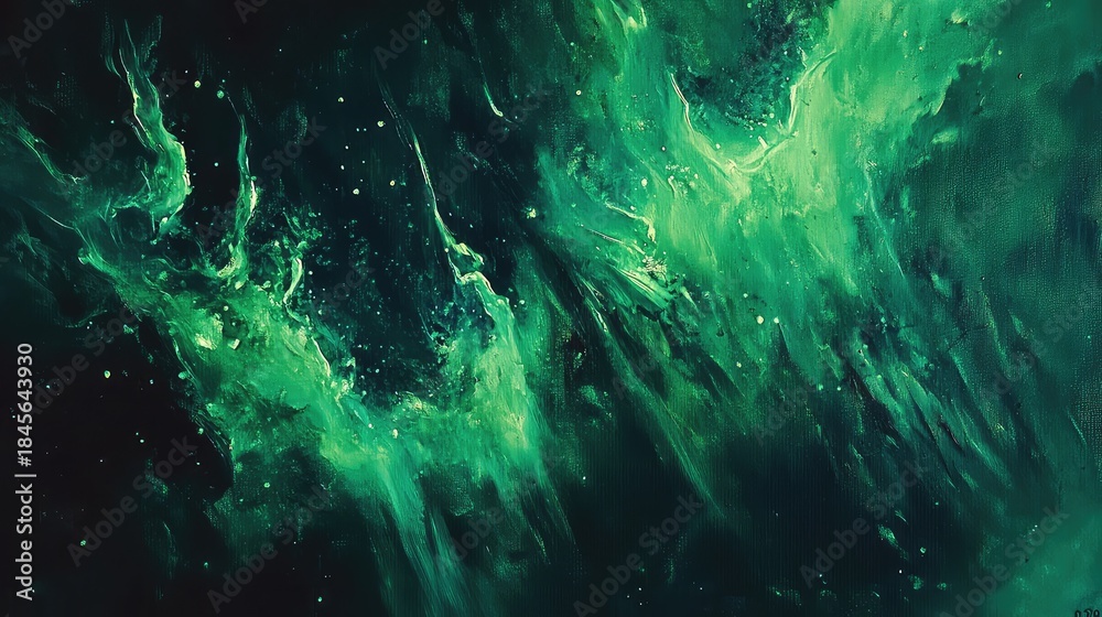 Obraz premium Green nebula patterns creating a vibrant abstract universe background, featuring flowing cosmic energy with scattered glowing stardust on a dark gradient