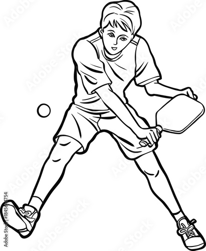 Young male pickleball player hitting the ball with a paddle outline