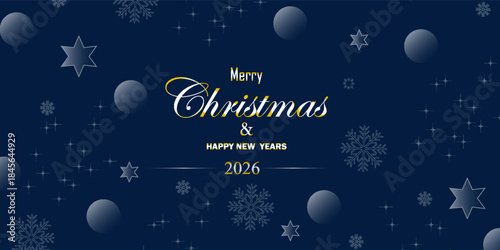 Art Merry Christmas and Happy Holidays greeting card, frame, banner. New Year. Noel. Christmas ornaments on blue background top view. Winter xmas holiday theme. Flat lay . EPS10. WEBSITE