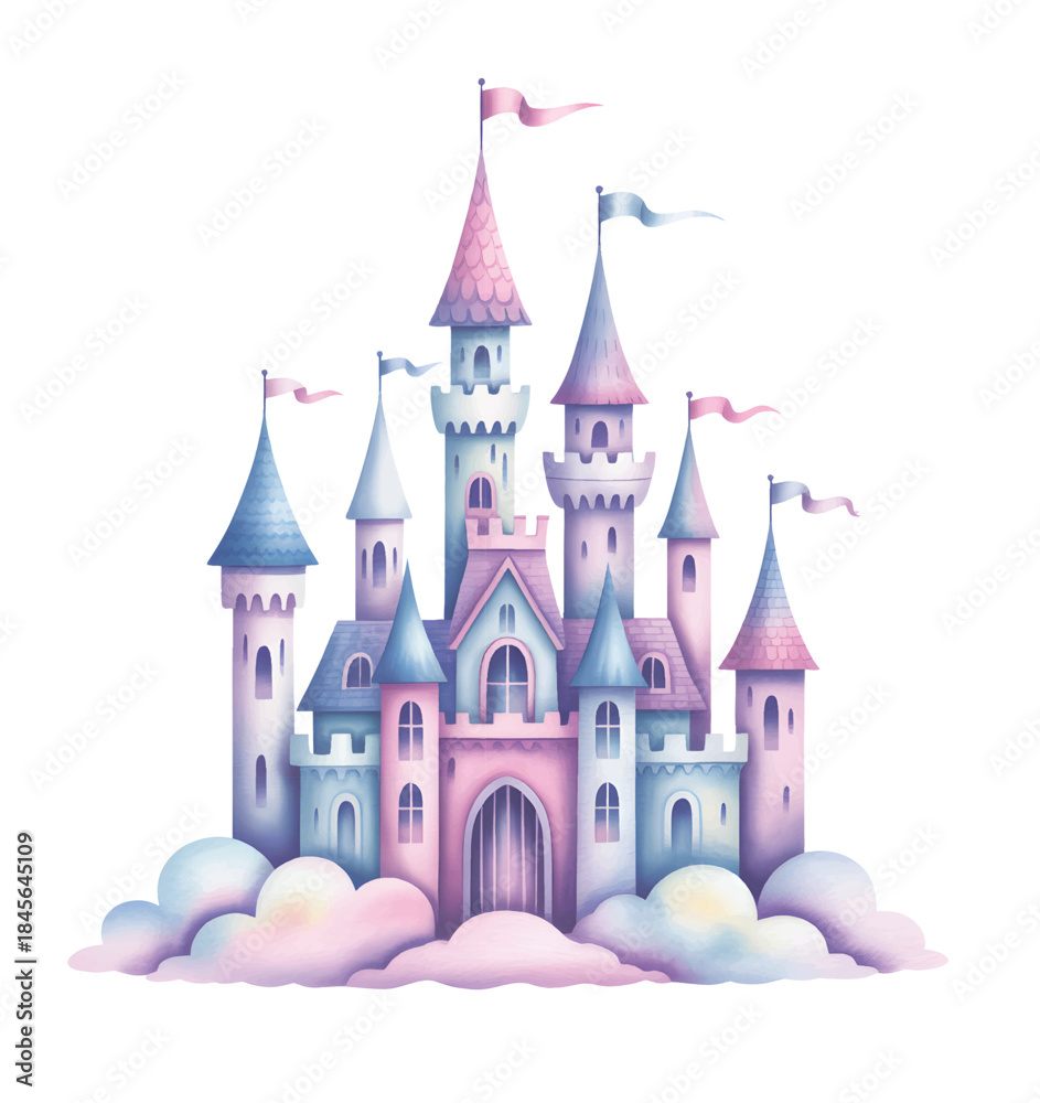 Fototapeta premium Fairytale princess castle watercolor illustration for children birthday invitation.