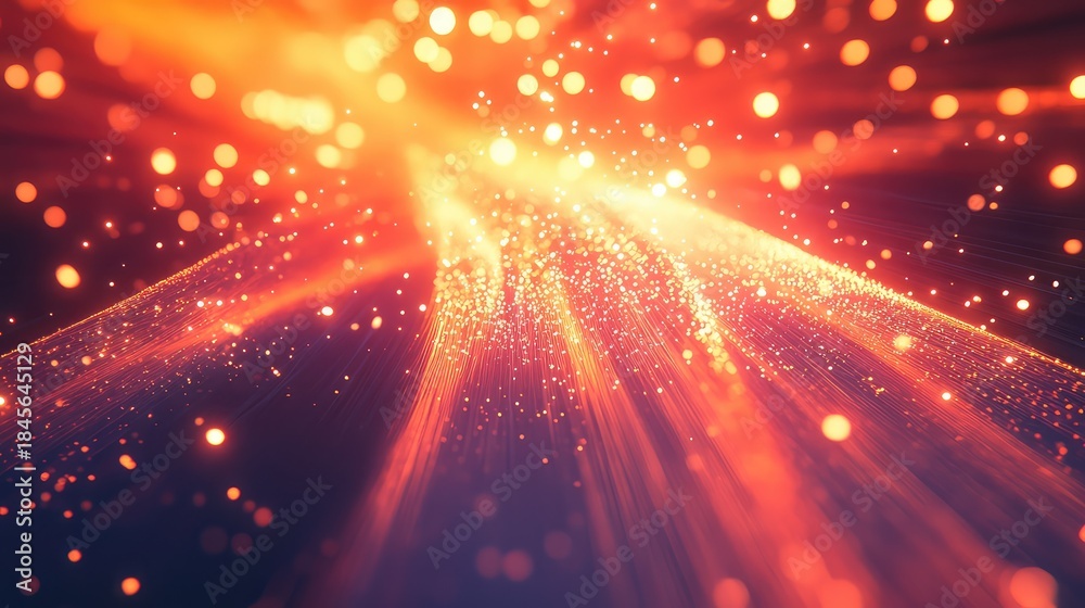 Fototapeta premium Flowing streams of shimmering golden and orange light particles radiating from a bright source, forming an intricate abstract network, symbolizing digital connectivity and energy
