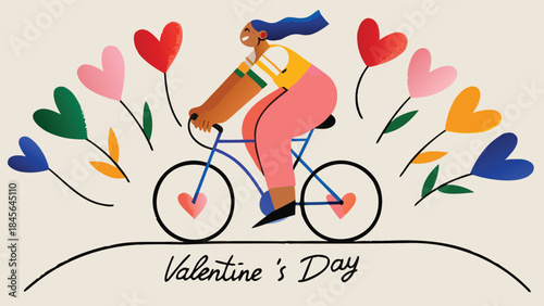 Woman riding bicycle surrounded by colorful heart shaped flowers on valentine's day
