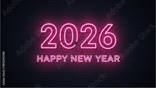 A festive neon sign for the 2026 New Year wishes everyone a Happy New Year.