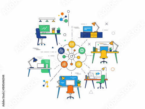 Centralized network connecting distributed remote work stations with digital collaboration tools and resources