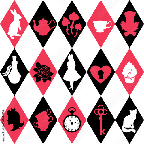 Wonderland seamless pattern. Silhouettes Alice, rabbit, key, tea cup and teapot, roses and other on checkered background. Texture for fabric, wallpaper, decorative print