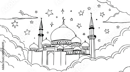 Majestic mosque silhouette under starry night sky with clouds