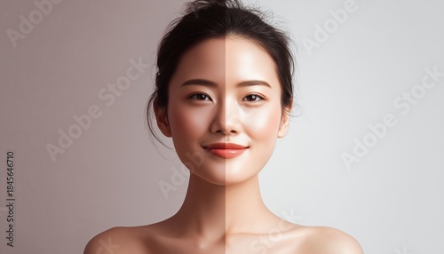 Asian Woman With Discrepancy In Skin Tone: Exploring The Effects Of Facial Brightening Products And Sun Protection On Skin Health.