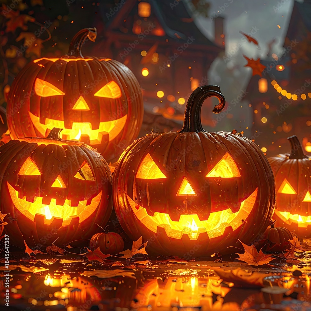 Fototapeta premium Glowing jack-o'-lanterns adorn an autumnal evening scene