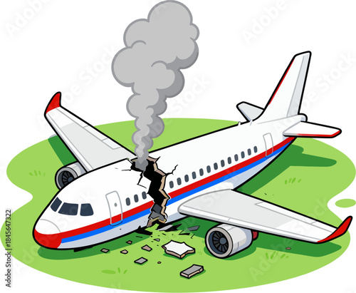Cartoon Crashed Airplane Illustration – Broken Passenger Plane with Smoke on Grass