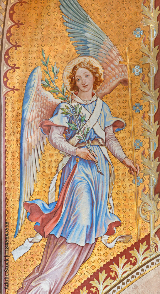 Obraz premium Vienna - The fresco of angel with the flower in the Votivkirche church by brothers Carl and Franz Jobst (sc. half of 19. cent.).