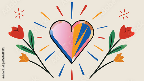 Vibrant heart surrounded by colorful flowers and dynamic lines on beige background, symbolizing love and joy with modern artistic style
