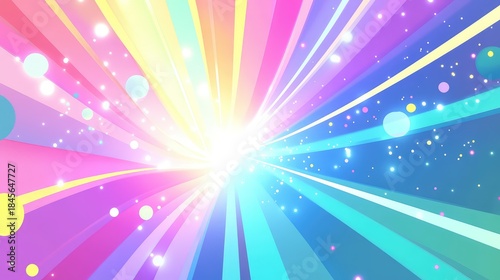 Abstract illustration showing bright radiating spectrum stripes with glowing particles and bokeh effects, creating a vibrant background for celebration, event, or digital design concepts