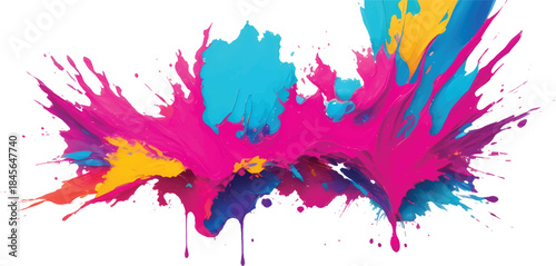 Bright Rainbow Watercolor Paint Explosion with Flowing Splashes on White Background for Modern Graphic Design