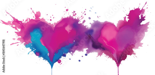 Watercolor paint splashes form a vibrant heart of ink, art, and love, perfect for a colorful, textural design illustration